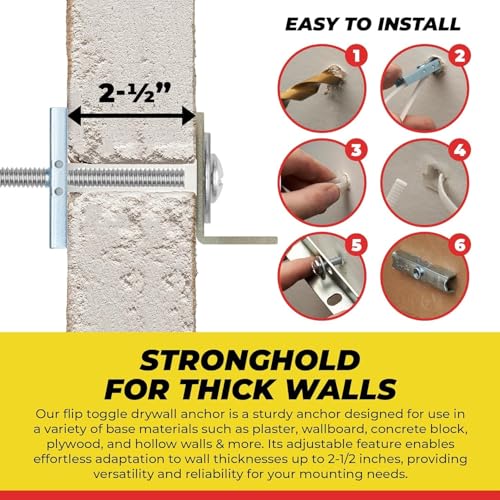 1/4”-20 Quick Easy Heavy Duty Toggle Anchors with Bolts - Hollow Wall Anchors with Steel Wings, Adjustable Up to 2 1/2" Thick Wall, Holds Up to 1080 Lbs, Heavy Duty Drill Bit Included (48 Pack) 48 Pack