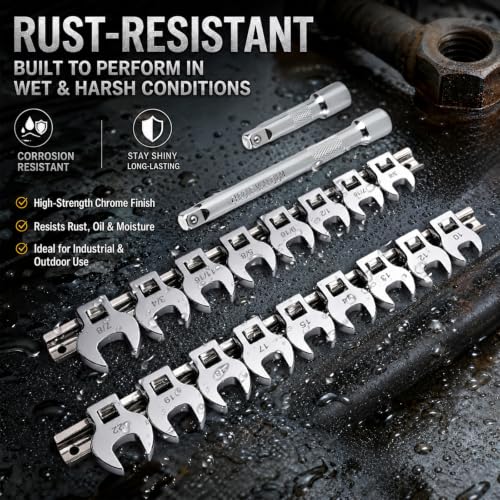 19PCS Crows Foot Wrench Set, SAE & Metric Crowfoot Wrench Set with 2 Connectable Extension Bars, 3/8" Drive CR‑V Steel, Metric 10‑22mm & SAE 3/8"‑7/8" Metric and SAE
