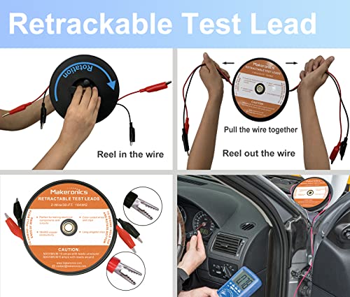 2 Wires 30FT 18AWG Retractable Test Leads with Roll-up Storage Pouch