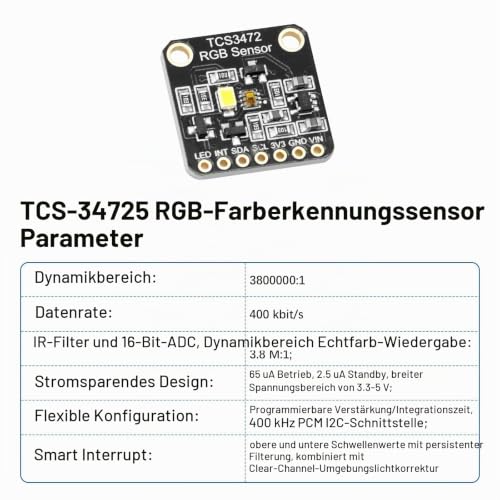 TCS-34725 RGB Light Color Module AYWHP 2 Pieces RGB Light Color Sensor Color Detection Sensor Color Meter Photoelectric Sensor Compatible with Arduino