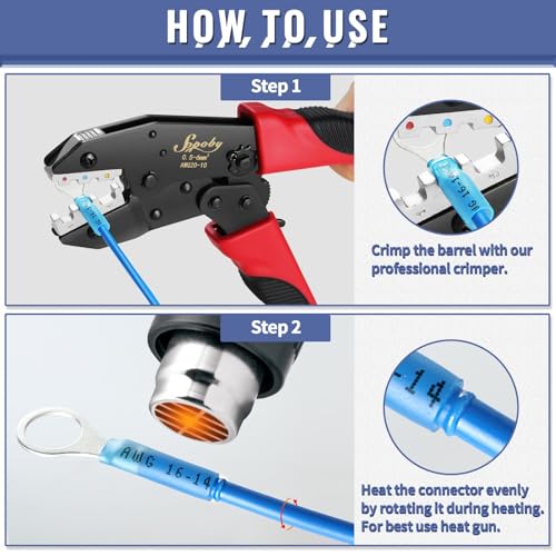 Sopoby Crimping Tool For Heat Shrink Connectors with 300PCS Marine Grade Heat Shrink Wire Connectors - Tinned Red Copper - Electrical Crimping Tool - AWG 22-10 Electrical Ring Fork Spade Splice 300PCS Heat Shrink Wire Connectors Set