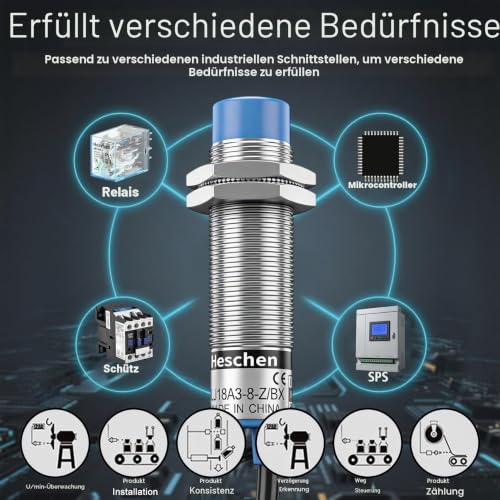 Heschen M18 Inductive Proximity Switch, 8 mm, Non-Flush, NPN N/O | 10-30VDC, 200mA, 3-conductor LJ18A3-8-Z/BX, non-flush (clearance required), ideal limit switch for CNC 8mm non-b. NPN NO