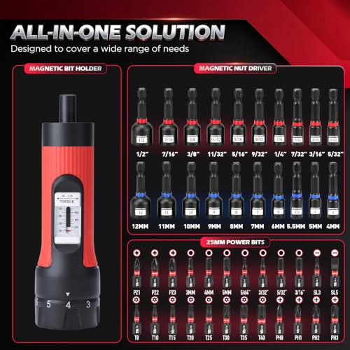 Torque Screwdriver 10-70 in-lb, 45-Piece 1/4" Drive Set with 24 S2 Steel Bits, 20 CR-V Magnetic SAE and Metric Nut Drivers, Storage Case, Inch Pound Torque Wrench for Automotive, Bike and DIY Repair 45-piece｜24 S2 Bits + 20 Nut Drivers