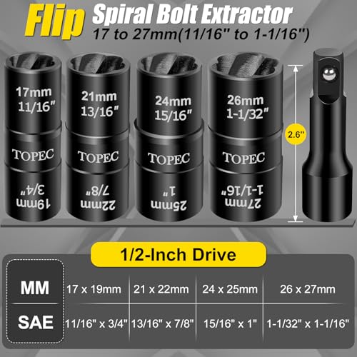 Topec Flip Lug Nut Removal Tool, 5 Piece Wheel Lock Removal Kit, 1/2" Drive Lug Nut Remover, 17-27mm Extractor Socket Set for Stripped, Rounded, Damaged Bolts 5PCS 17-27mm