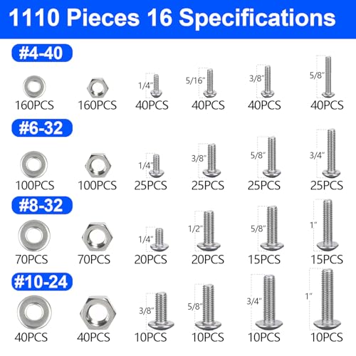 1110PCS Nuts and Bolts Assortment Kits, Stainless Steel Hardware Assortment Kit with Assorted Screws, Nuts, Bolts and Washers（#4-40#6-32#8-32#10-24） Storage Case