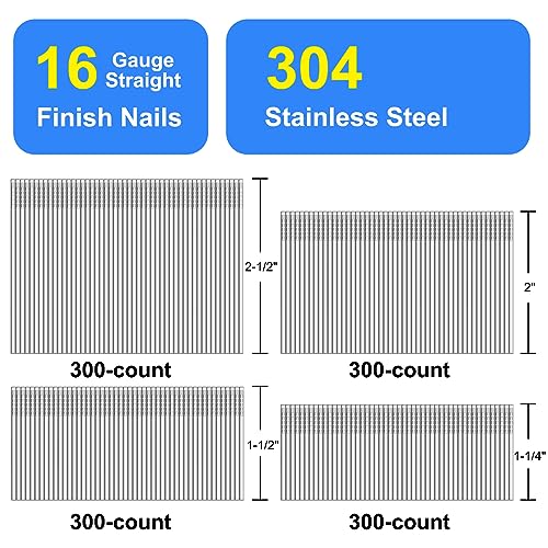 16 Gauge Finish Nails 304 Stainless Steel 1" to 2-1/2",1200-Pack