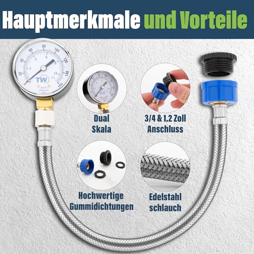Mains Water Pressure Gauge - 0-11 Bar / 0-160 PSI | Mains water supply pressure gauge with hose tap connection - plumbing tool for home, garden and irrigation system