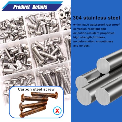 Taiss Machine Screws Nuts and Bolts Assortment Kit,304 Stainless Steel Bolts and Nuts Kit,#6-32#8-32#10-24 8 Sizes Phillips Pan Head Bolt and Nut & Washers+400PCS Metric Flange Bolt Assortment kit