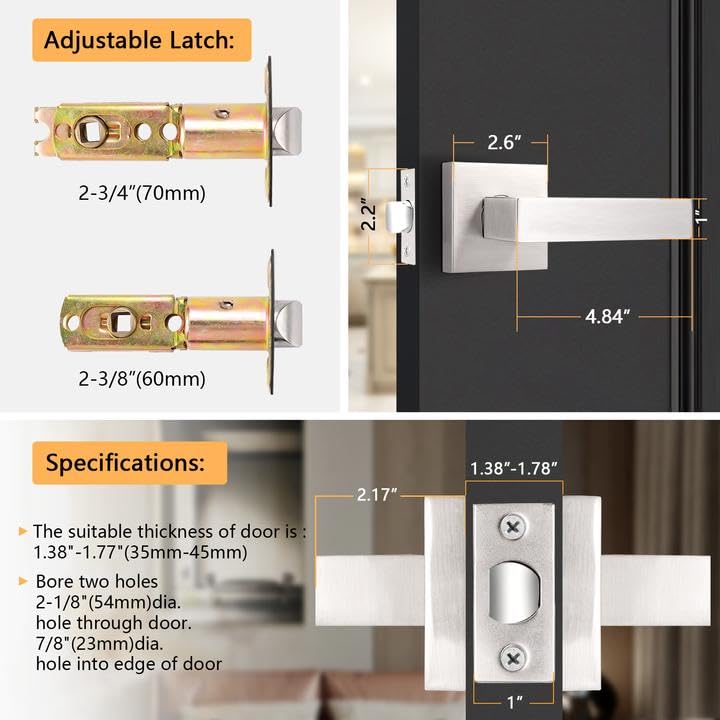 Probrico Interior Heavy Duty Door Handle, Brushed Nickel Passage Door Lever, Square Non-Locking Reversible Hardware for Hall/Closet, 1 Pack
