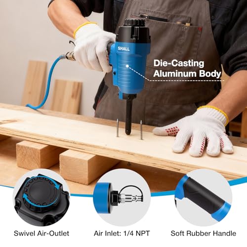 SHALL Pneumatic Nail Remover & 7.5’’ Flat Pry Bar Set, Heavy-Duty Air Punch Nailer Removes 9-16 Gauge Nails, 60-100 PSI Air Nail Puller/Denailer for Wood Pallets, Reclaimed Wood, 1/4’’ NPT Air Inlet