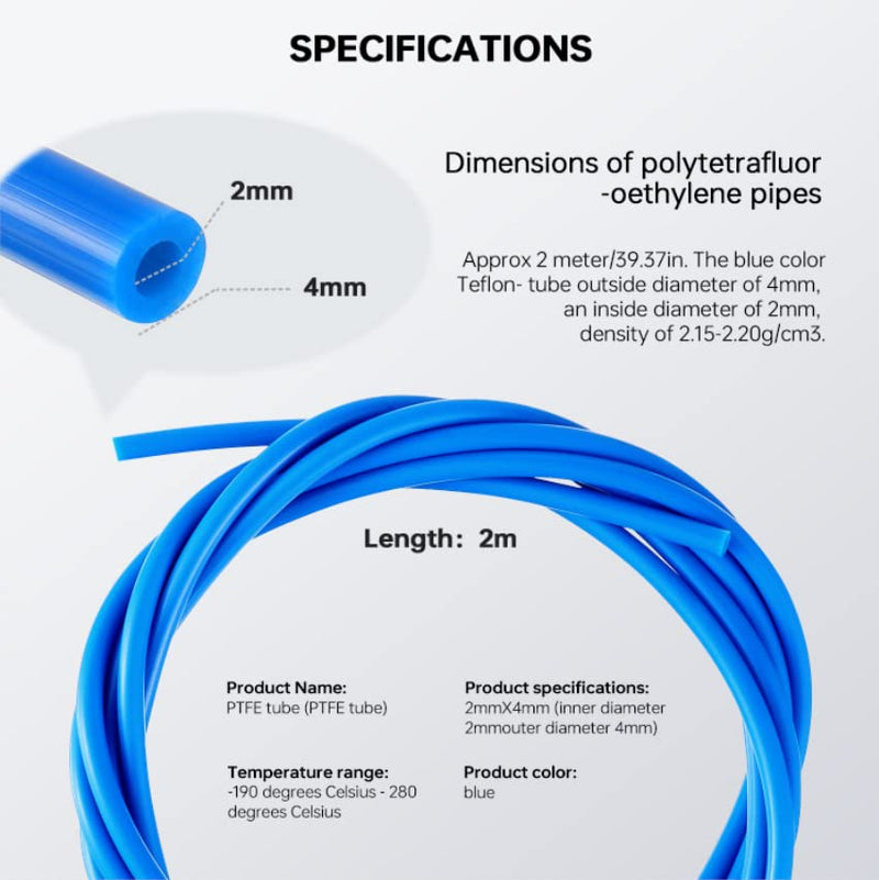 2 Meter PTFE Teflon Tubes, Bowden Tubing 1.75mm Filament for Ender 3 Ender 3 Pro Ender 3 V2, Ender 5 Ender 5 Pro, CR-10, CR-6 SE All FDM 3D Printer(Blue) （Blue）PTFE-2