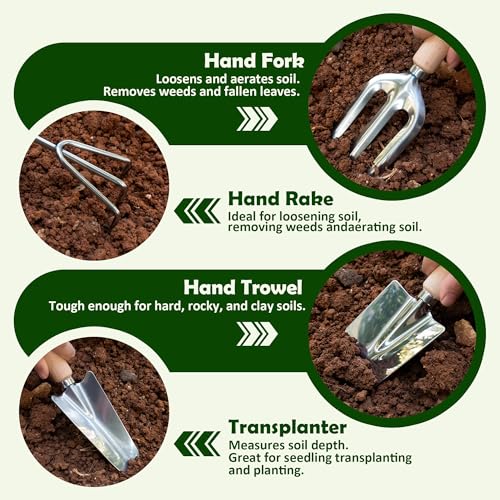 BlingKingdom 9-Piece Garden Tools Set, Stainless Steel Gardening Hand Tool Kit with Tote Bag Easy Storage Perfect Gardening Gifts for Beginners, Women and Men