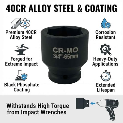 65mm Impact Socket, 3/4" Drive 12 Point Metric Axle Nut Socket Wrench, 40CR Heavy Duty Spindle Nut Remover Tool for Auto Repair (65mm) 65mm