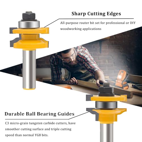TAIWAIN 1/2-Inch Shank Tongue and Groove Flooring Router Bit Set 4 PCS, Wood Cabinet Milling Router Bits Sets Cutter, Woodworking Miter Carbide CNC Cutting Tool for Doors,Tables (5)
