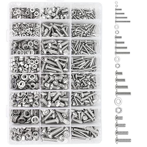 HELIFOUNER 810 Pieces M3 M4 M5 M6 304 Stainless Steel Button Head Socket Cap Metric Screws Bolts, Flat Washers and Nuts Assortment Kit with Hex Wrenches M3 M4 M5 M6 (810 Pieces) Button Head Screws