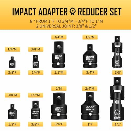 BOEN 10-Piece Impact Socket Adapter and Reducer Set, Standard SAE 1/4" 3/8" 1/2" 3/4", CR-MO Steel Driver & Wrench Conversion Kit Socket Reducer with 3/8" & 1/2" Universal Joint 10 Piece