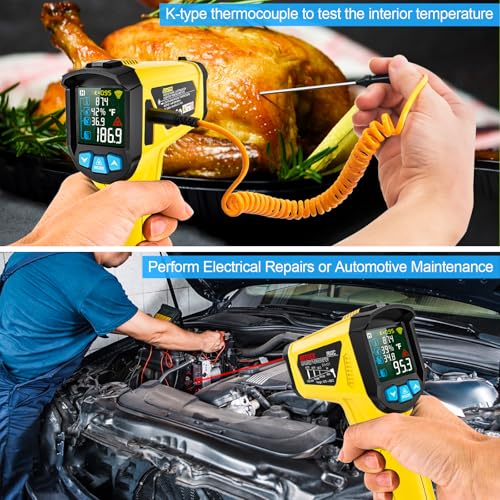 Infrared Thermometer Laser MESTEK Temperature Meter with K-Probe IR Pyrometer -50°C to 800°C Contactless Color LCD Alarm Function Adjustable Emissivity for Kitchen