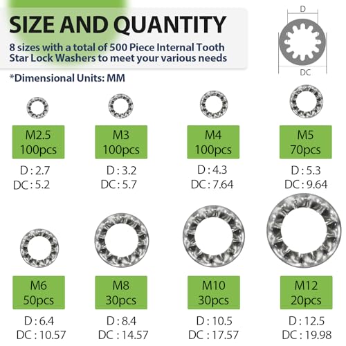 500 PCS 304 Stainless Steel Internal Tooth Lock Washers Assortment Kit and 500 PCS Steel Black Oxide Finish Internal Tooth Star Lock Washers
