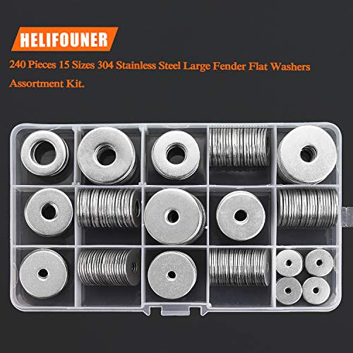 HELIFOUNER 240 Pieces 15 Sizes 304 Stainless Steel Large Fender Washer Assortment Kit (M3 M4 M5 M6 M8 M10 M12) M3-M12