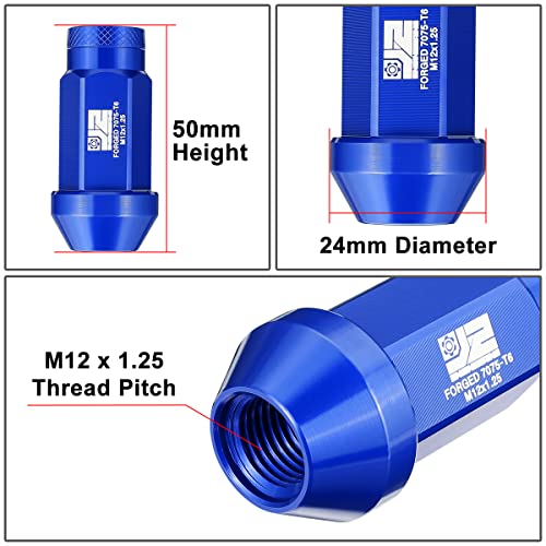 J2 Engineering J2-LN-T7-037-125-BL M12 x 1.25 T6-7075 Aluminum 50mm Closed End Lug Nuts w/Deep Drive Extension Adapter,Blue, 24mm x 50mm
