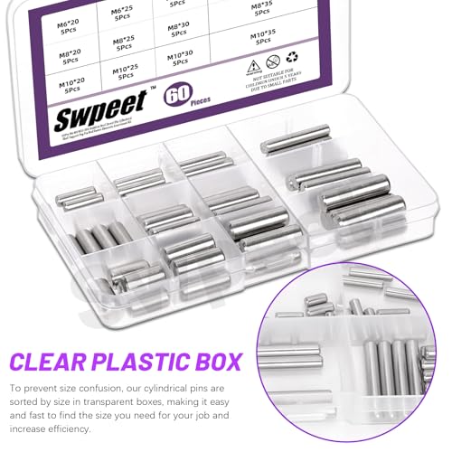 Swpeet 60Pcs M6 M8 M10 304 Stainless Steel Dowel Pin Assortment Kit, Cylindrical Shelf Support Peg Pin Rod Fasten Elements for Maintenance and Connection (with A Storage Box )