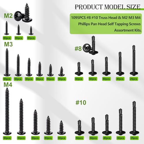 mxuteuk #8 Self Tapping Screws+1095PCS Self Tapping Screws Assortment Kits, #8#10 410 Stainless Steel Truss Head Self Drilling Screws