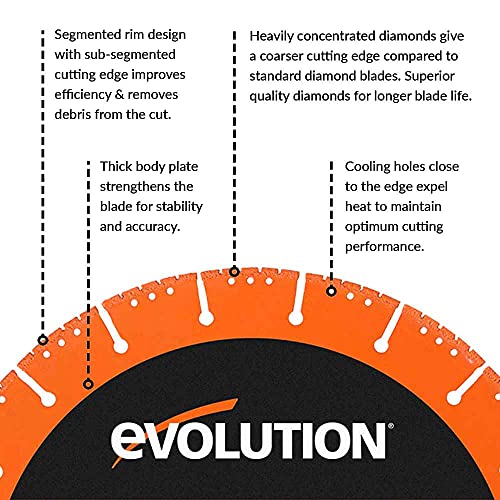 Evolution Power Tools MD230SEG-CS Multi Material Diamond Blade For Disc Cutters - Segmented Rim Removes Debris From Cut - Ideal for Cutting Metal, Brick, Tiles and Plastic, 230 mm 230mm