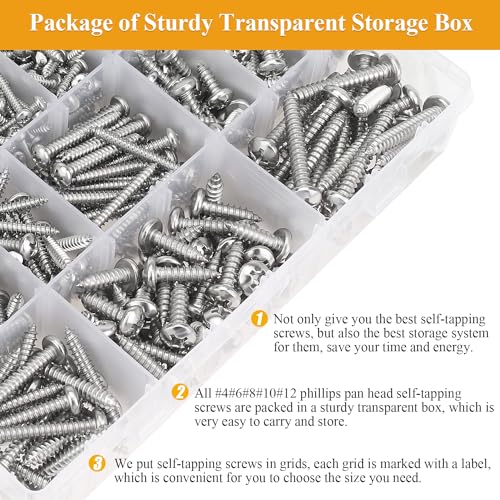 545 Pieces #4#6#8#10#12 Wood Screws Set, Phillips Pan Head #4#6#8#10#12 Self-Tapping Screws Assortment Kit, 304 Stainless Steel Wood Screws Kit (#4#6#8#10#12)