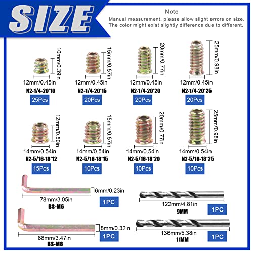 Glarks 134Pcs 1/4"-20 5/16"-18 Furniture Screw in Nut Threaded Inserts Assortment Kit, 10/12/15/20/25mm Wood Inserts Bolt Fastener Connector Hex Socket Drive with Twist Drill and Hex Wrench Set