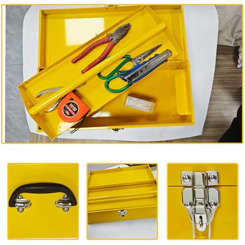 16" Metal Tackle Box Large Tool Box Organizer Portable Metal Toolbox Organizer for Household Warehouse Tools Storage Yellow