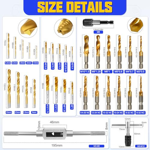 Metric Tap and Die Set, 34 Pcs Adjustable Drill and Tap Set with Tap Wrench, Quick Change Bit Holder, Twist Drill Bits, and M2-M12 Taps, Hand Screw HSS Thread Tap Set, Drill Tap Set for Metal Wood