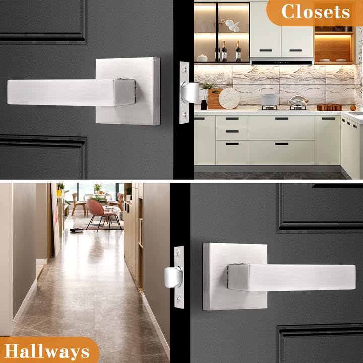 Probrico Interior Heavy Duty Door Handle, Brushed Nickel Passage Door Lever, Square Non-Locking Reversible Hardware for Hall/Closet, 1 Pack