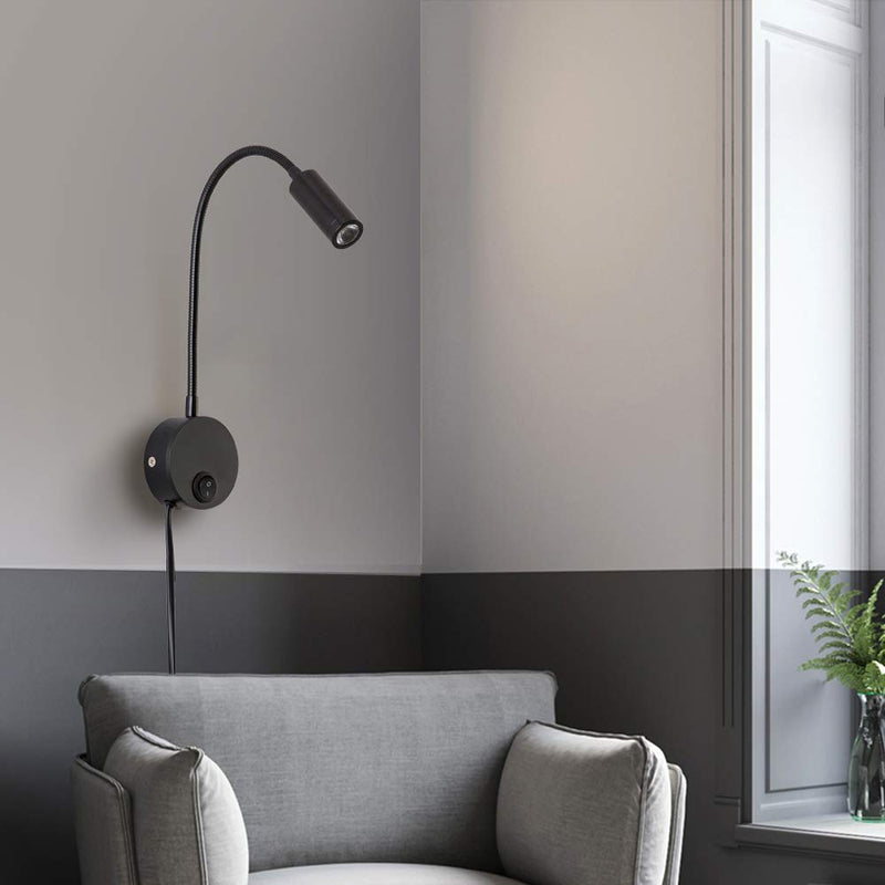 Reading Lamp Wall Sconces Light LED 3W Warm White 3000K Plug for Reading Books (Black 2pcs 3000K Cord) Black Rocker Switch 2PCS