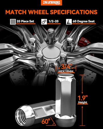YIZBAP 20pcs 1/2-20 Wheel Lug Nuts, 20PCS Closed End Lug Nuts 19mm Hex Silver Length: 1.89 Inch