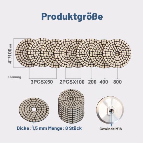 HIGHDRIL 100 mm Dry Diamond Polishing Disc, Pack of 8, for Granite, Stone, Marble | Pack of 8. (#50x3/100x2/200/400/800) diamond polishing pads with aluminum base backing pads for floor grinders or polishers 100mm KIT3