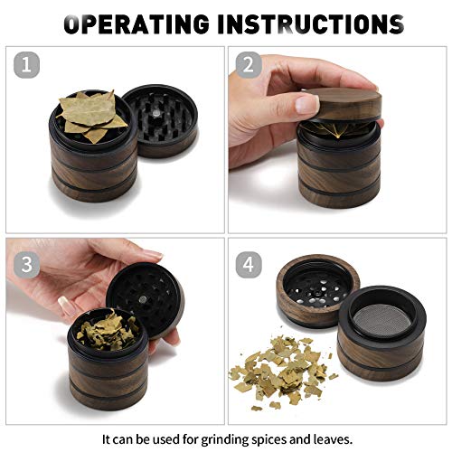 DCOU Premium Large Wooden Spice Grinder Pollen Collector with Magnetic Lid and Pollen Catcher 4 Piece 2.5 inches (Black) Black