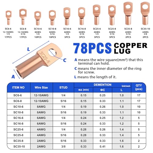 Sanuke Battery Cable Crimper Tool for AWG10-1/0, 78pcs Copper Lug Terminals 1pcs Crimper+188pcs Accessories