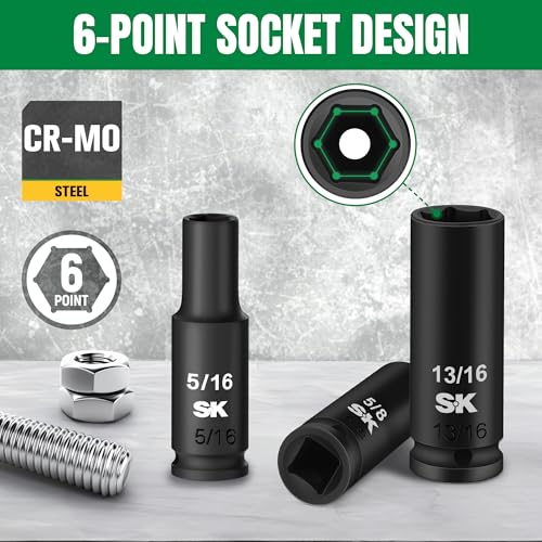 SK 3/8” Drive Impact Socket Set, Deep SAE Sockets, 8-Piece 5/16” to 3/4”