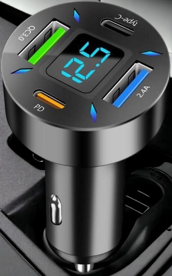 66W Car Charger Cigarette Lighter USB Charger, 4-Port Car Charger, 2 * USB 2.4 +PD+Type C Cigarette Lighter AdapterVoltmeter Compatible with Samsung/iPhone and other Android and iOS Devices