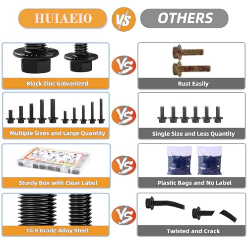 371PCS Flange Hex Black Bolts and Nuts Assortment Kit M6x1.0 M8x1.25 M10x1.5 Metric Bolts Nuts Washers Assortment Class 10.9 Alloy Steel Black Zinc Plated,Full Thread