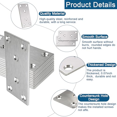 20 Pack Flat Straight Brace Bracket, 4 x 2 inch Silver Steel Stainless Mending Plate with Screws, Flat Metal Brackets for Wood Furniture Shelves Repair