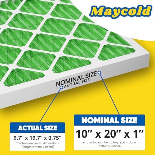 Maycold MERV 13 10x20x1 Air Filter (6-Pack), High-Efficiency Pleated AC & Furnace Filters, Actual Size: 9.70” x 19.70” x 0.75”, Individually Wrapped in Plastic 10x20x1 M13 6-PACK