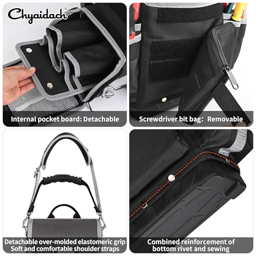 Chyaidach Electrician Tool Bag, 30-Pockets Heavy Duty Tool Pouch with Hard Bottom & Shoulder Strap, Utility Toolbox Storage Organizer for Service Tech HVAC Electrical Plumber