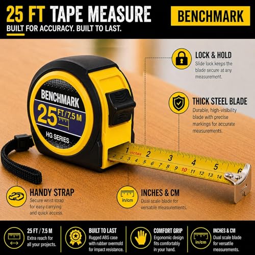 5 Pack - Tape Measures 25ft / 7.5m – Inch & Centimeter Marks. Rugged Outer Shell with Easy Grip Design - High Visibility Steel Tape - Thumb Lock - Autowind - Belt Clip – Retractable Measuring Tape Blue/Yellow 5