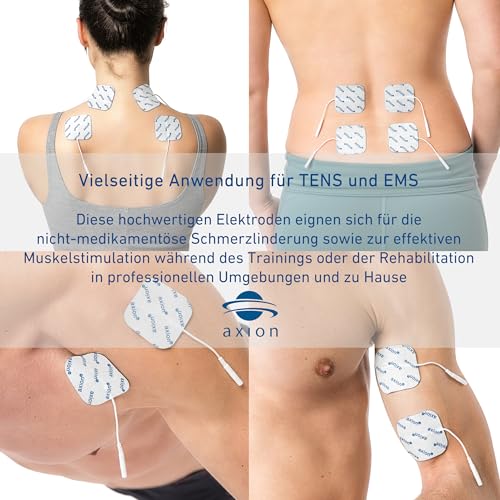 16 Electrodes with 2mm jack - Square self adhesive Pads - 5x5cm - Fits all TENS EMS units with 2mm connection - axion brand quality | 2 mm plug-in connection. Reusable self-adhesive electrodes for TENS device and EMS trainer, super adhesion + conductiv...