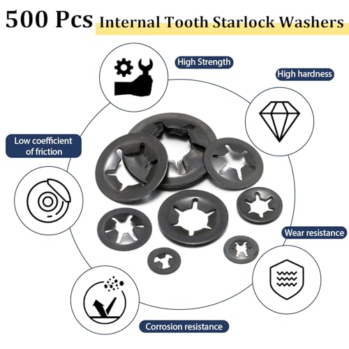500 PCS 304 Stainless Steel External Tooth Lock Washers Assortment Kit and 500 PCS Steel Black Oxide Finish Internal Tooth Star Lock Washers