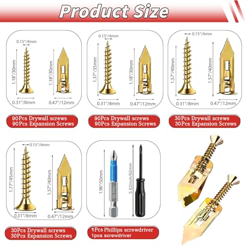 480pcs Self Drilling Drywall Anchors with Screws Kit- Heavy Duty Metal Expansion Bolts, 4 Sizes Sheetrock Anchors & Zinc Plated Steel Expansion Screws,No Drill Needed for TV Shelf Decor Frame Install