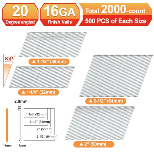16 Gauge 20° Angled Finish Nails, Galvanized 4Size,2000Pcs Assembly---2000 Pcs