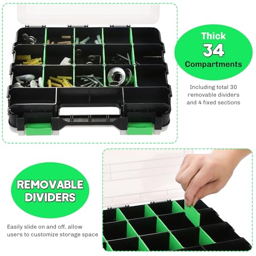 Small Parts Organizer | Storage Case Tools Box 34-Compartments （Blue + Green）