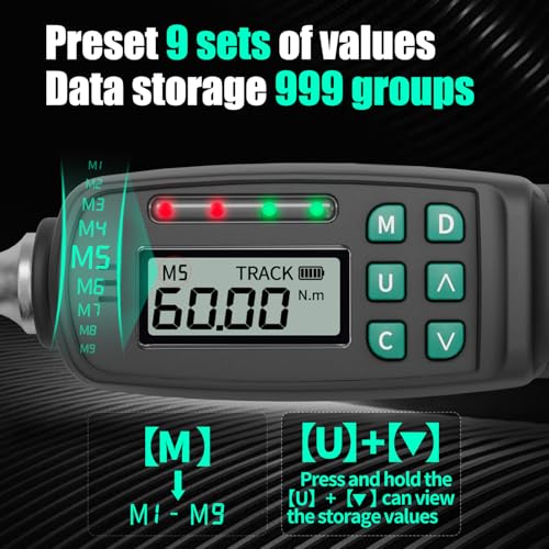 3/8" Digital Torque Wrench 1.33-44.25 ft-lb/1.8-60 Nm, ±2% Accuracy, LED & Buzzer Alerts, 4 Units, Industrial CR-V Steel, Calibration Report & Protective Case for Car, Motorcycle, Bike Repair 3/8", 1.33-44.25 ft-lb (1.8-60 Nm)